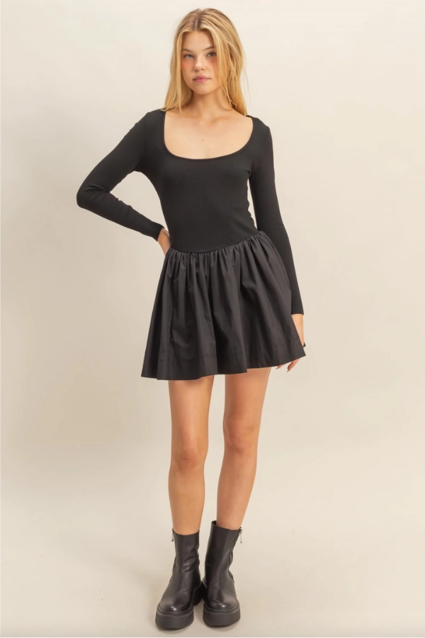 Gentle Shine Aura Glow Mixed Media Scoop Neck Mini Dress - Black