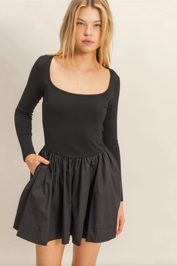 Mixed Media Scoop Neck Mini Dress - Black Vibe Style Organic-Fabric