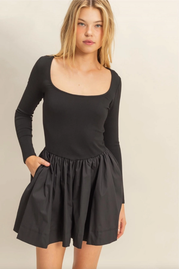 Social Ease Mixed Media Scoop Neck Mini Dress - Black