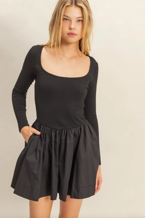 Mixed Media Scoop Neck Mini Dress - Black Vibe Style Organic-Fabric