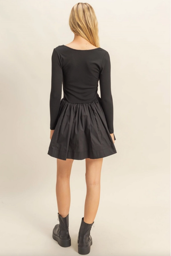 Mixed Media Scoop Neck Mini Dress - Black Petal Zone