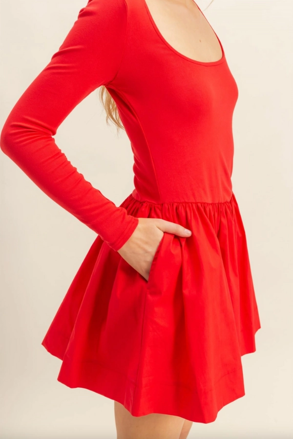 Underwire-Support Mixed Media Scoop Neck Mini Dress - Red