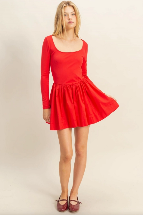 countryside Refined Feel Mixed Media Scoop Neck Mini Dress - Red