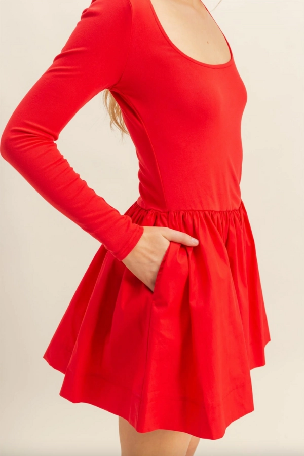 Mixed Media Scoop Neck Mini Dress - Red Smooth Motion Light Weave