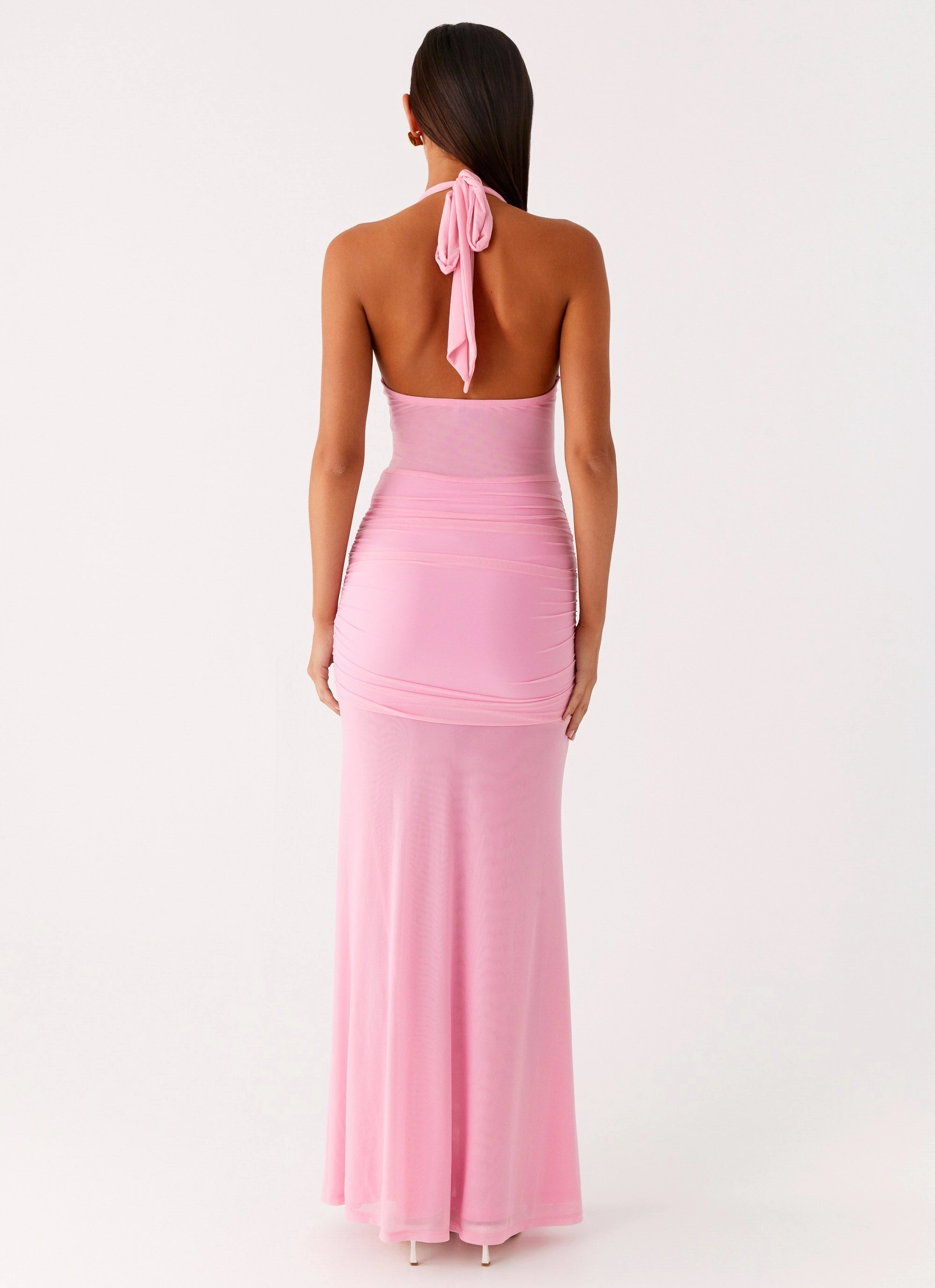 Mature Glam Form Fitting Miyah Halter Hardware Maxi Dress - Baby Pink