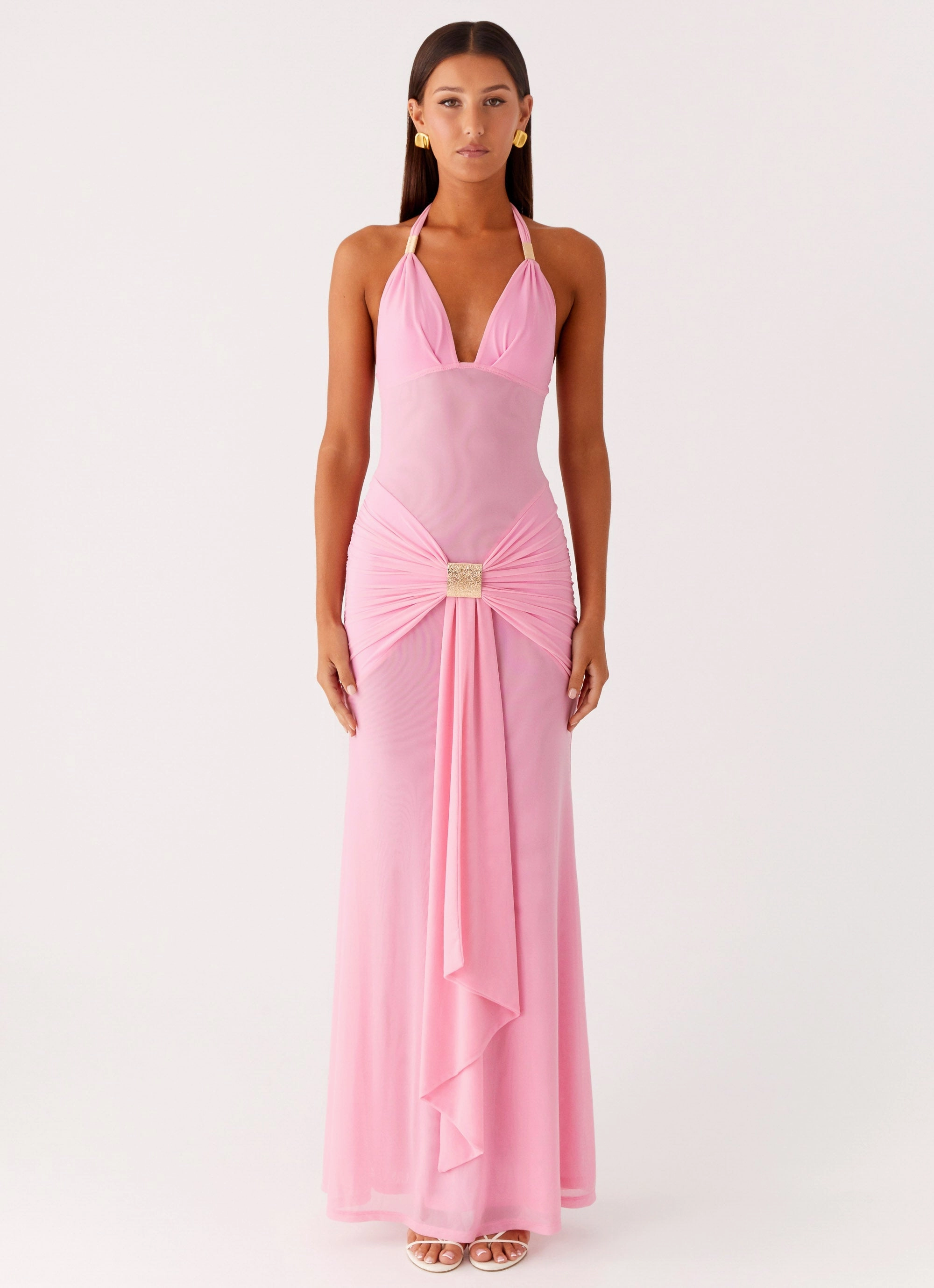 Perfect Fit Wear Figure-Skimming Miyah Halter Hardware Maxi Dress - Baby Pink