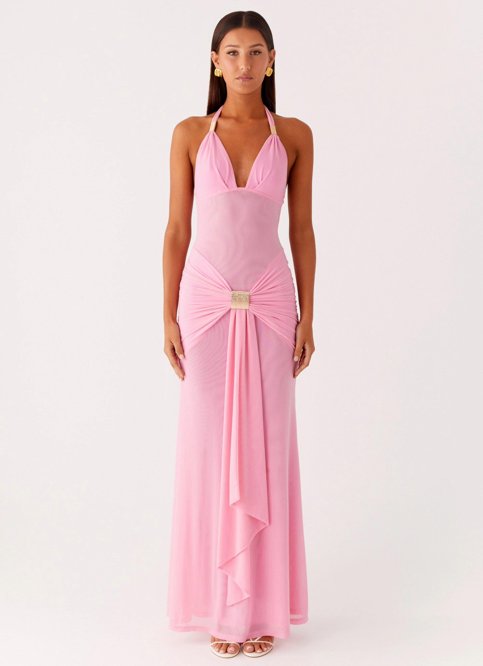 Miyah Halter Hardware Maxi Dress - Baby Pink Open-back