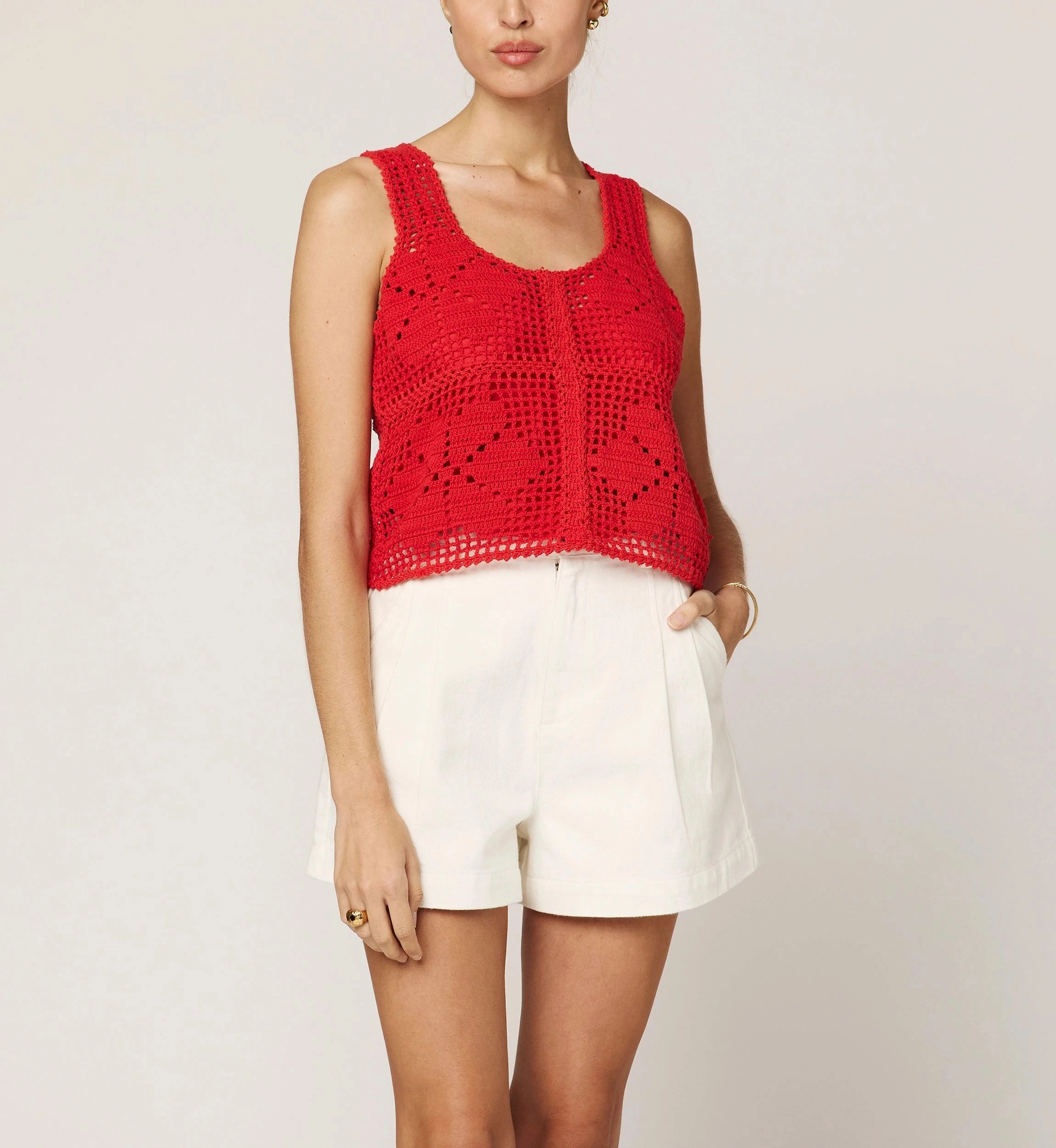 Modern Design Multi Directional Mobility Miyuki Crochet Top | Poppy Red