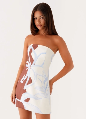 Lounge Style Relaxed Style Wear Denby Strapless Mini Dress - Bloom Wave Print