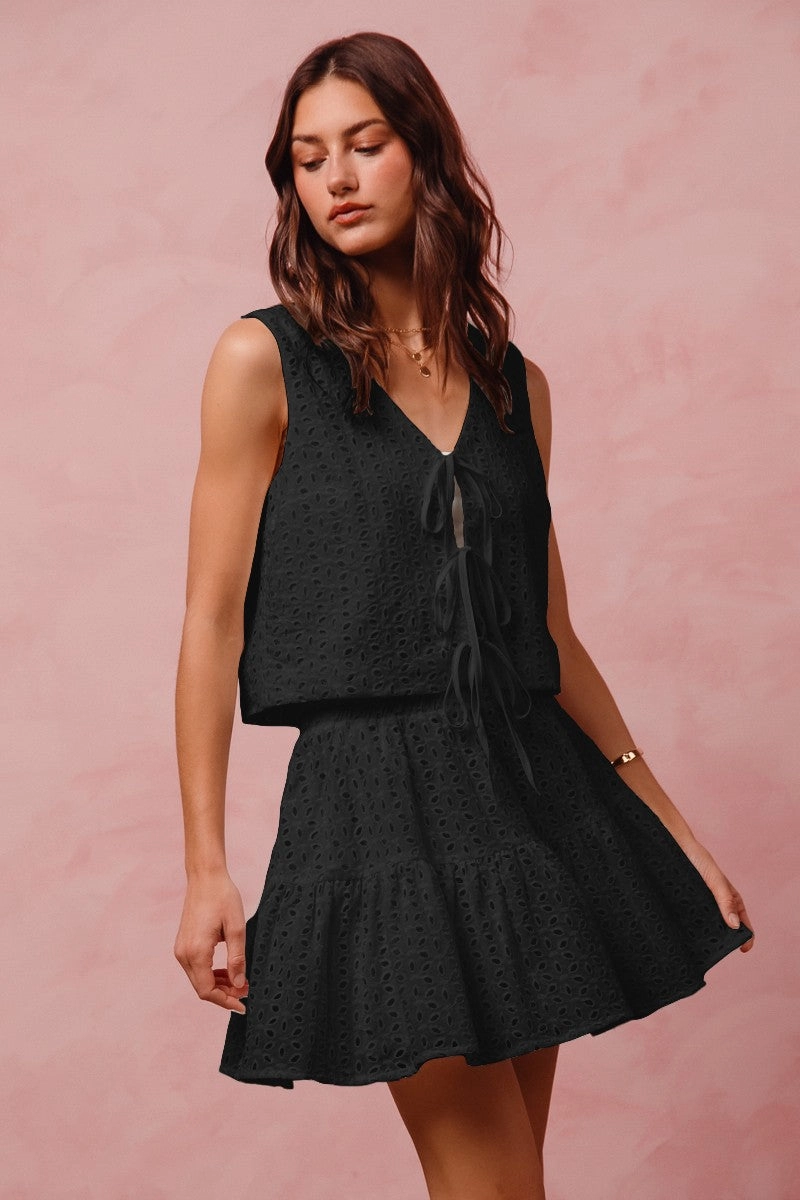 Comfortable Cotton HighNeck Floral Eyelet Lace Set - Black