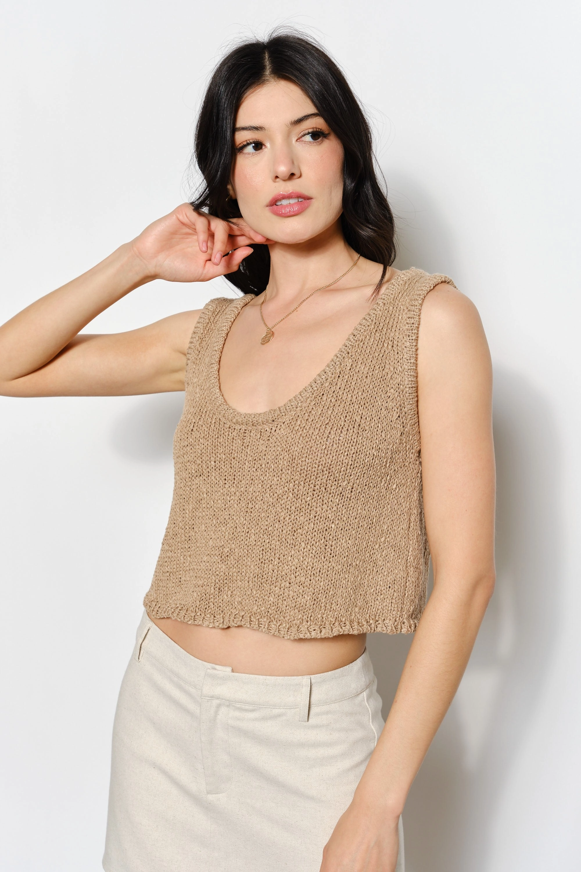 ButterSoftTexture Flexible Knit Fabric Dani Boucle Tank Top - Tan