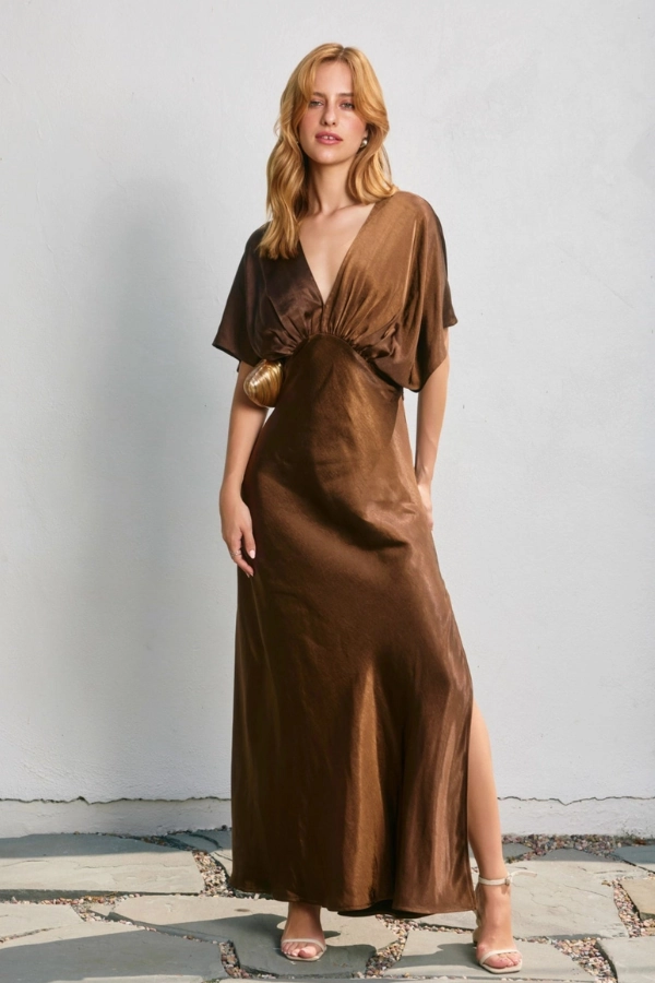Satin Blouson Maxi Dress - Chocolate Peace View