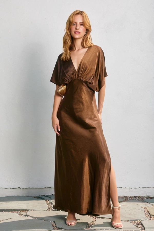 Smart Fashion Satin Blouson Maxi Dress - Chocolate