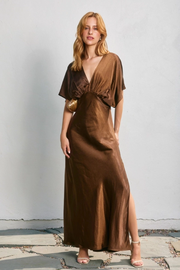 Satin Blouson Maxi Dress - Chocolate Casual Comfort Wear All Gender Fit