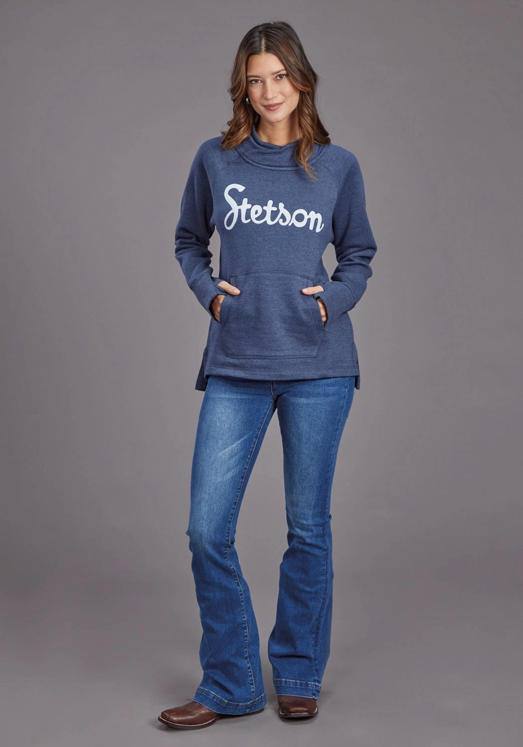 Breathable Open Weave Stetson Womens Script Logo Blue Cotton Blend Sweatshirt