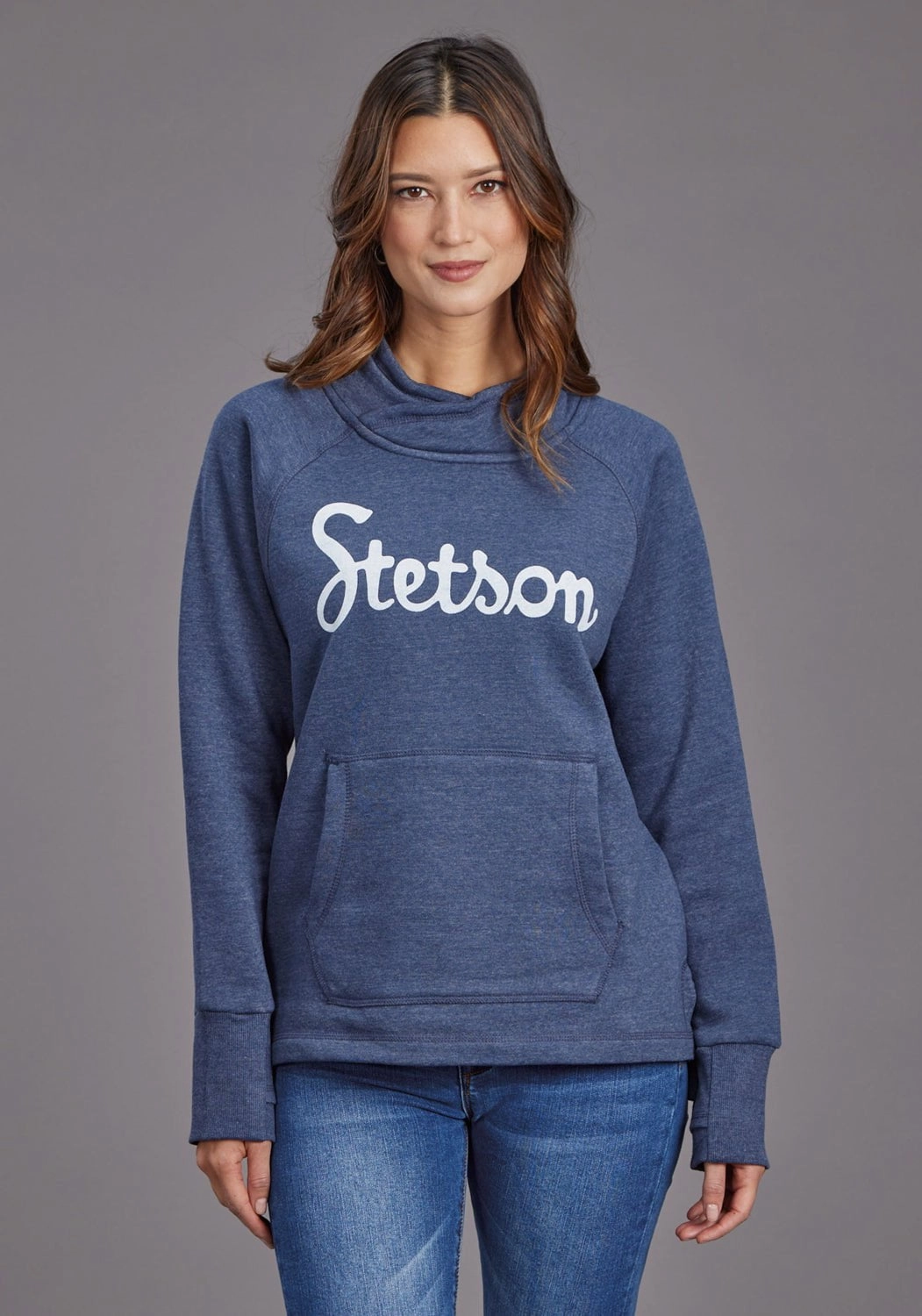 Wrinkle Resistant Knit Stetson Womens Script Logo Blue Cotton Blend Sweatshirt