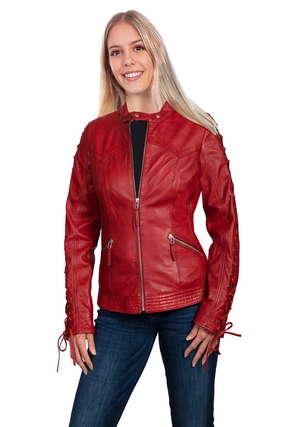 Ventilated Panels Concealed Zippers Scully Womens Red Lamb Leather Laced Sleeve Jacket