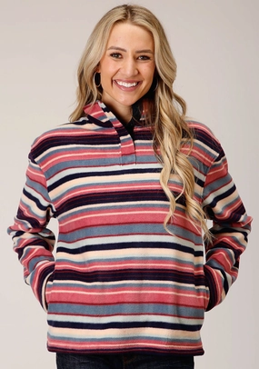 Roper Womens Navy Multi Polyester Horizontal Stripe Fleece Jacket FullCoverageHood Compression Layer