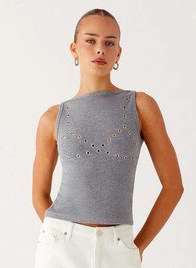 Drop Top Ribbed Eyelet Tank Top - Marle Grey Athletic Wear Thermal Insulation Layer