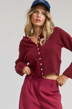 Stylish Design Chilly Day Essentials Elise Button Down Cardigan - Burgundy