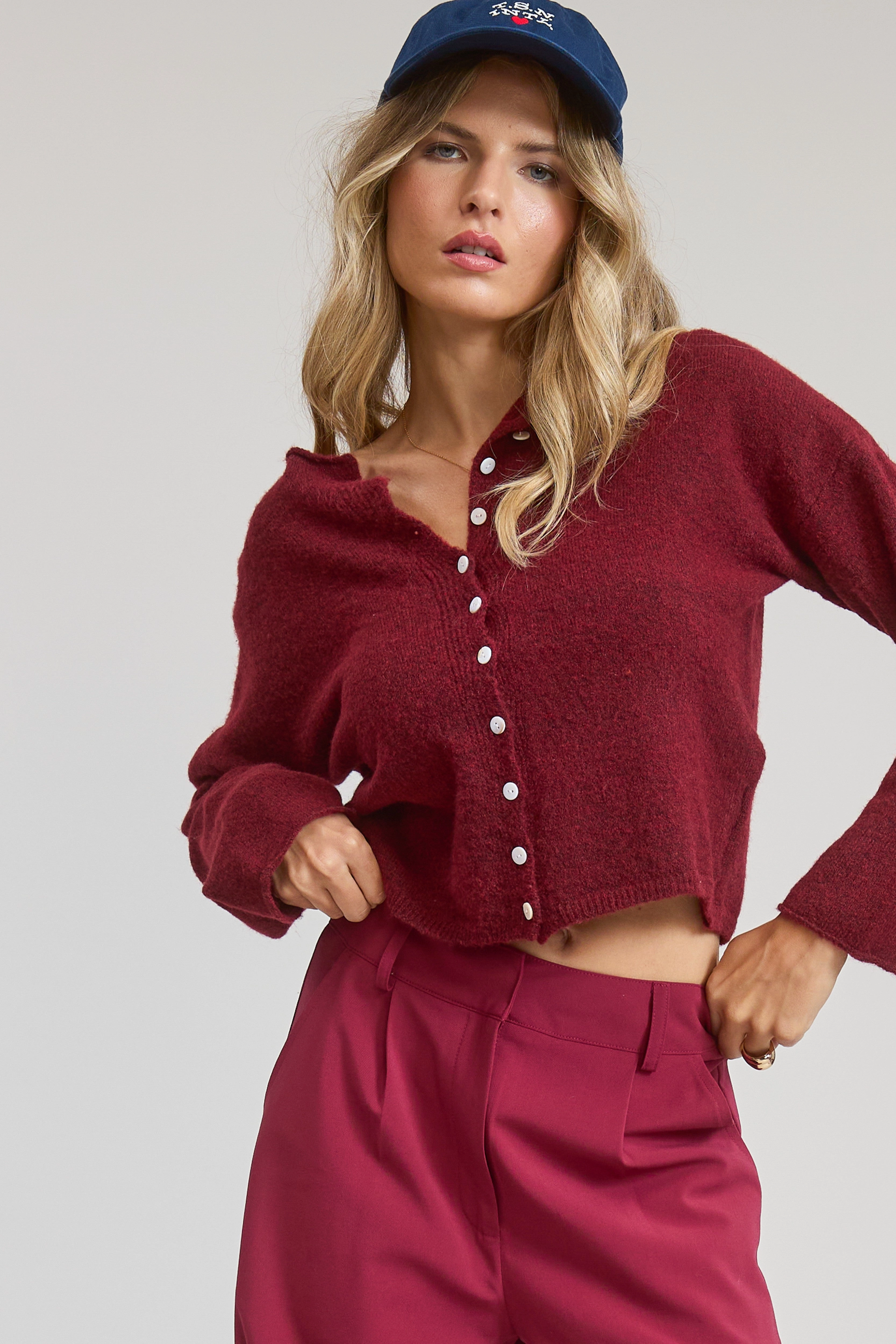 Elise Button Down Cardigan - Burgundy HoodedVersion