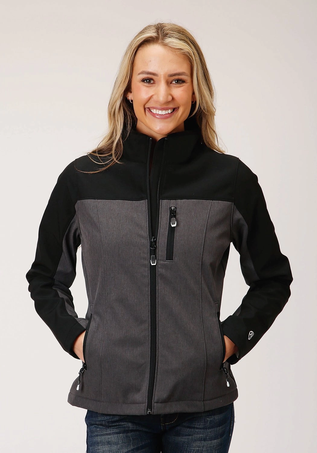 Roper Womens Grey/Black Polyester PCD Softshell Jacket Sun Protection Fabric Classic Ribbed Cuffs