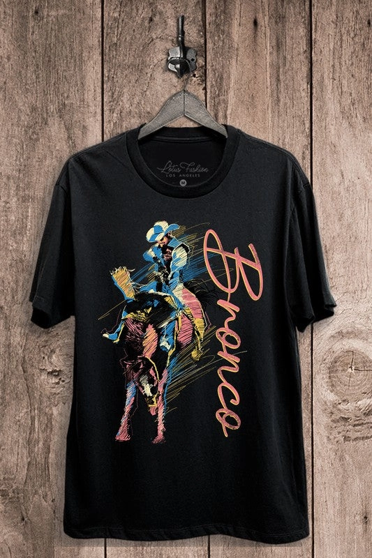 Bronco Graphic Tee DoubleStitchedHem Two Tone Texture Effect