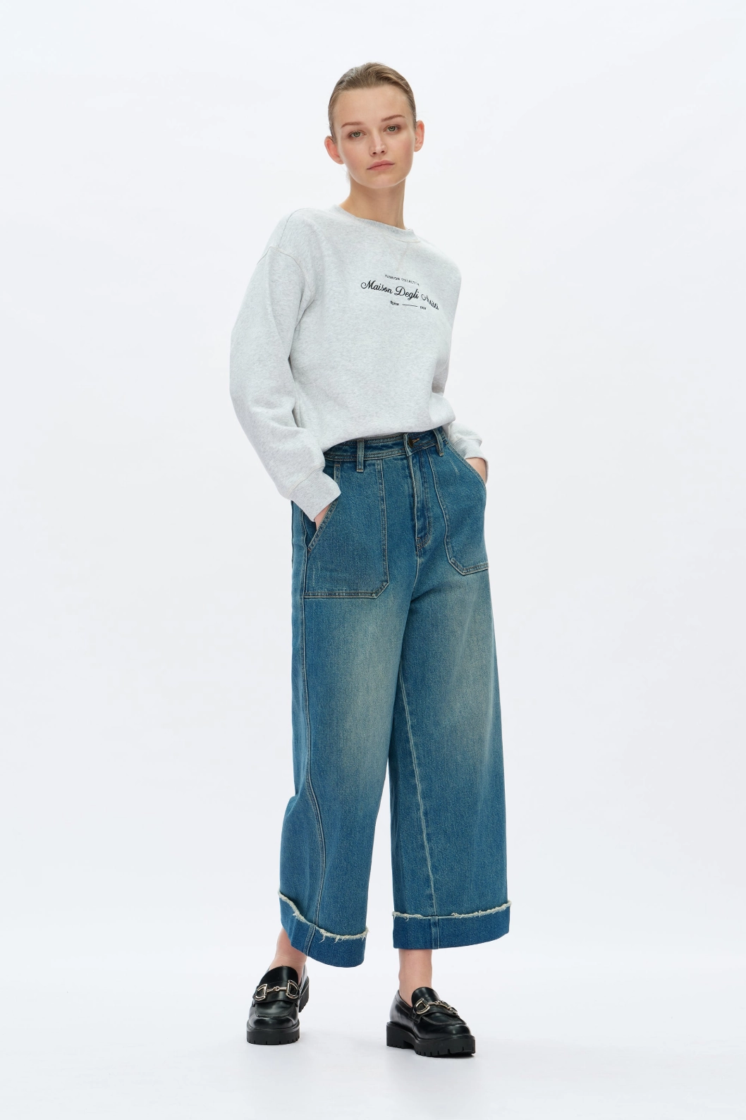 Yarn Dyed Stripes Unstructured Silhouette High Rise Wide Leg Jeans - Vintage Medium Blue