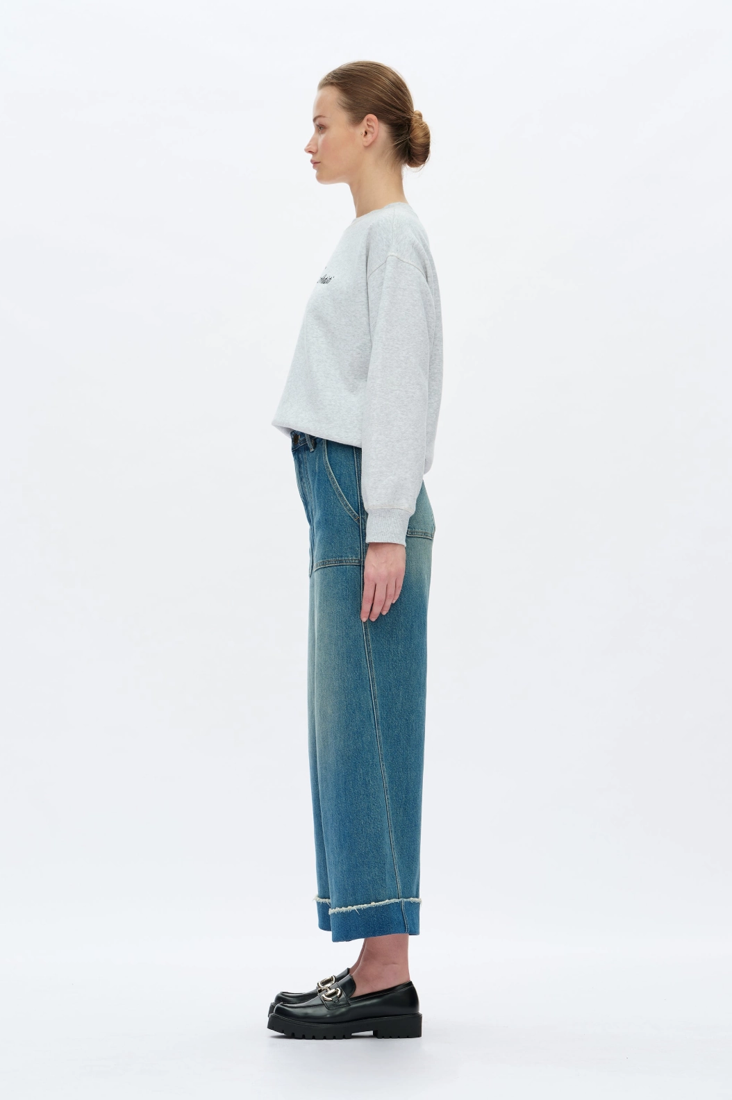 Interlock Stitch Detail LayeredCollar High Rise Wide Leg Jeans - Vintage Medium Blue