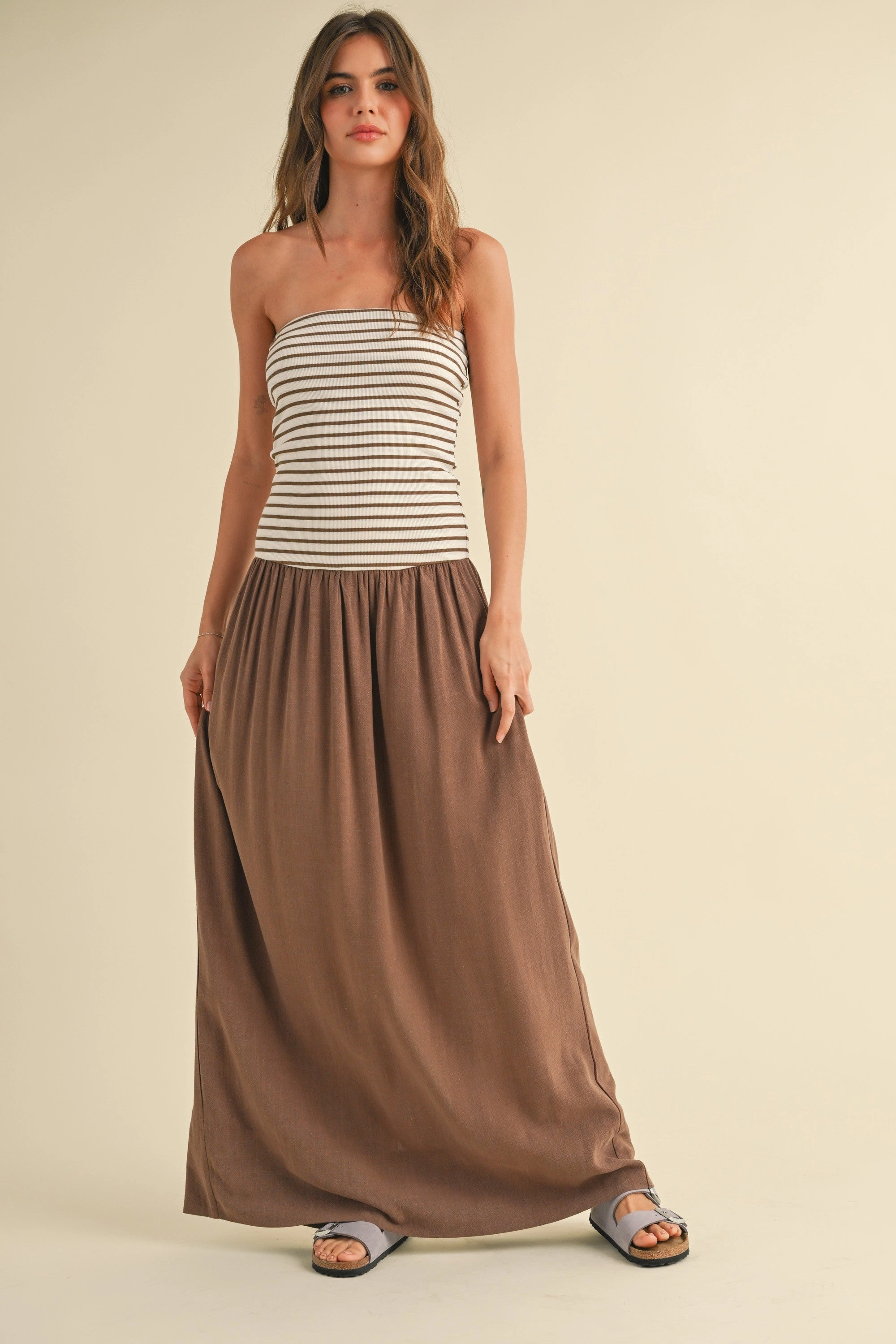 Embroidered-Sleeve Molly Striped Linen Maxi Dress - Mocha