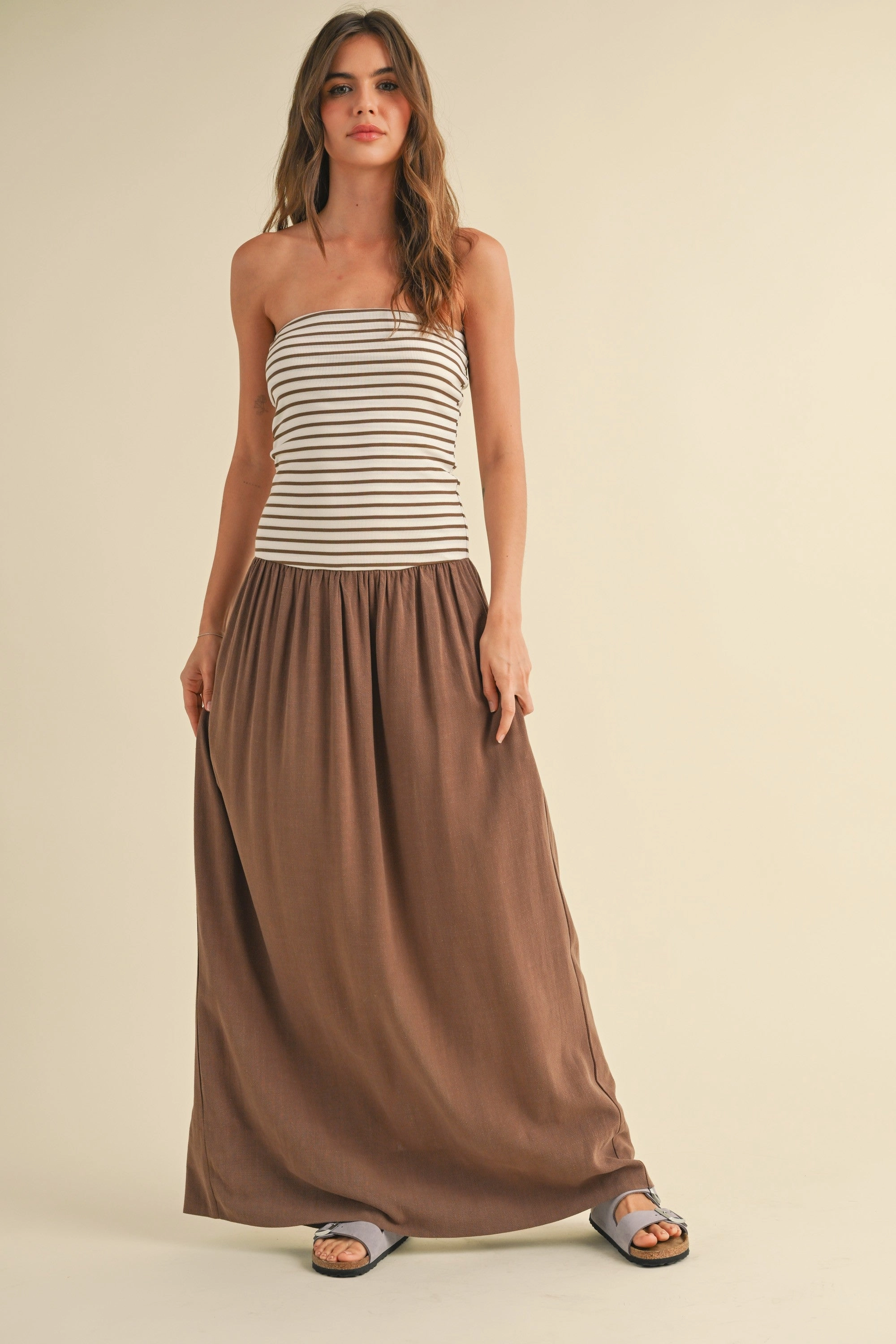 HighNeck UltraSoft Lining Molly Striped Linen Maxi Dress - Mocha