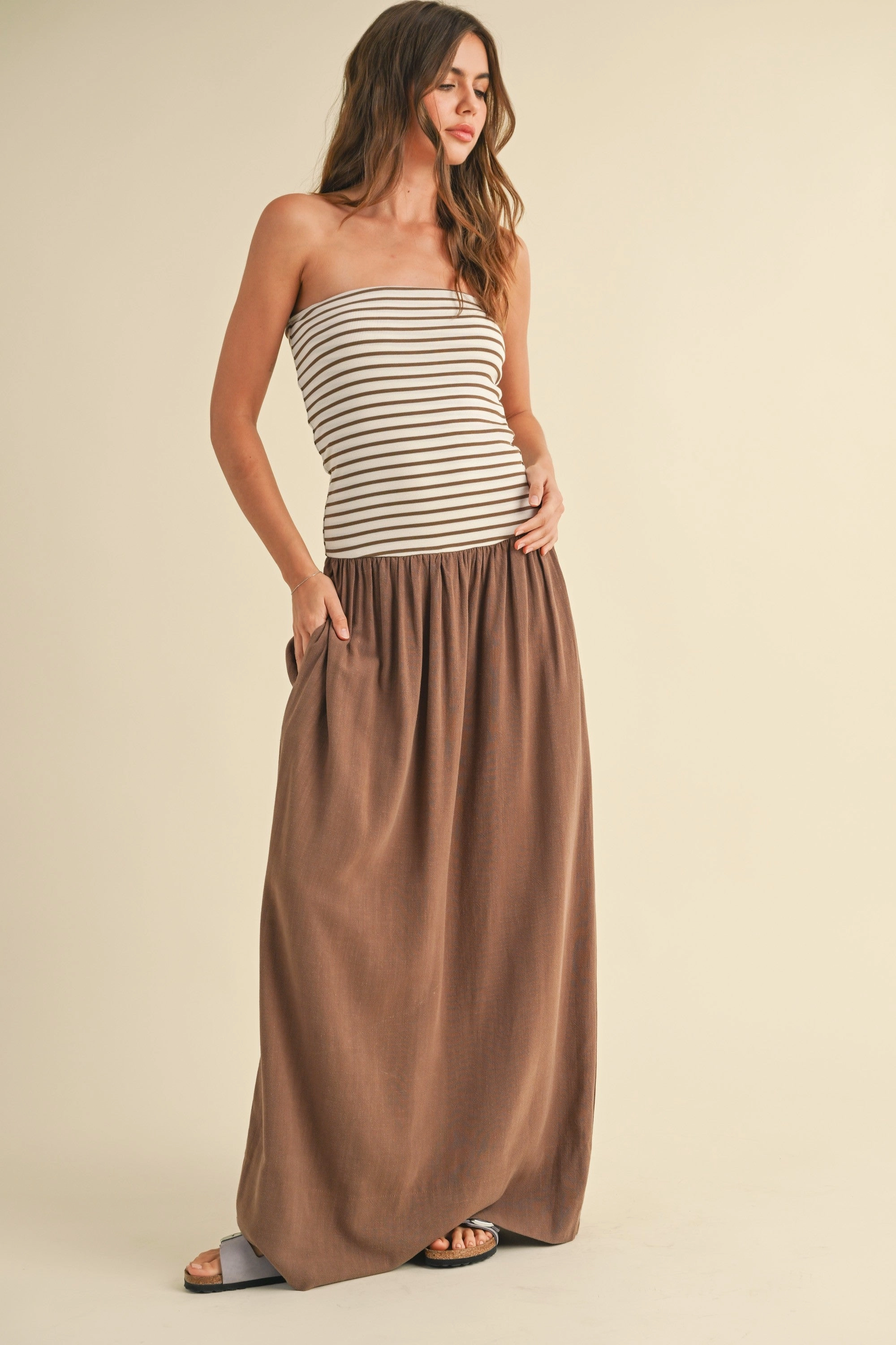 Molly Striped Linen Maxi Dress - Mocha FlexibleWaistband Sporty Cardigan