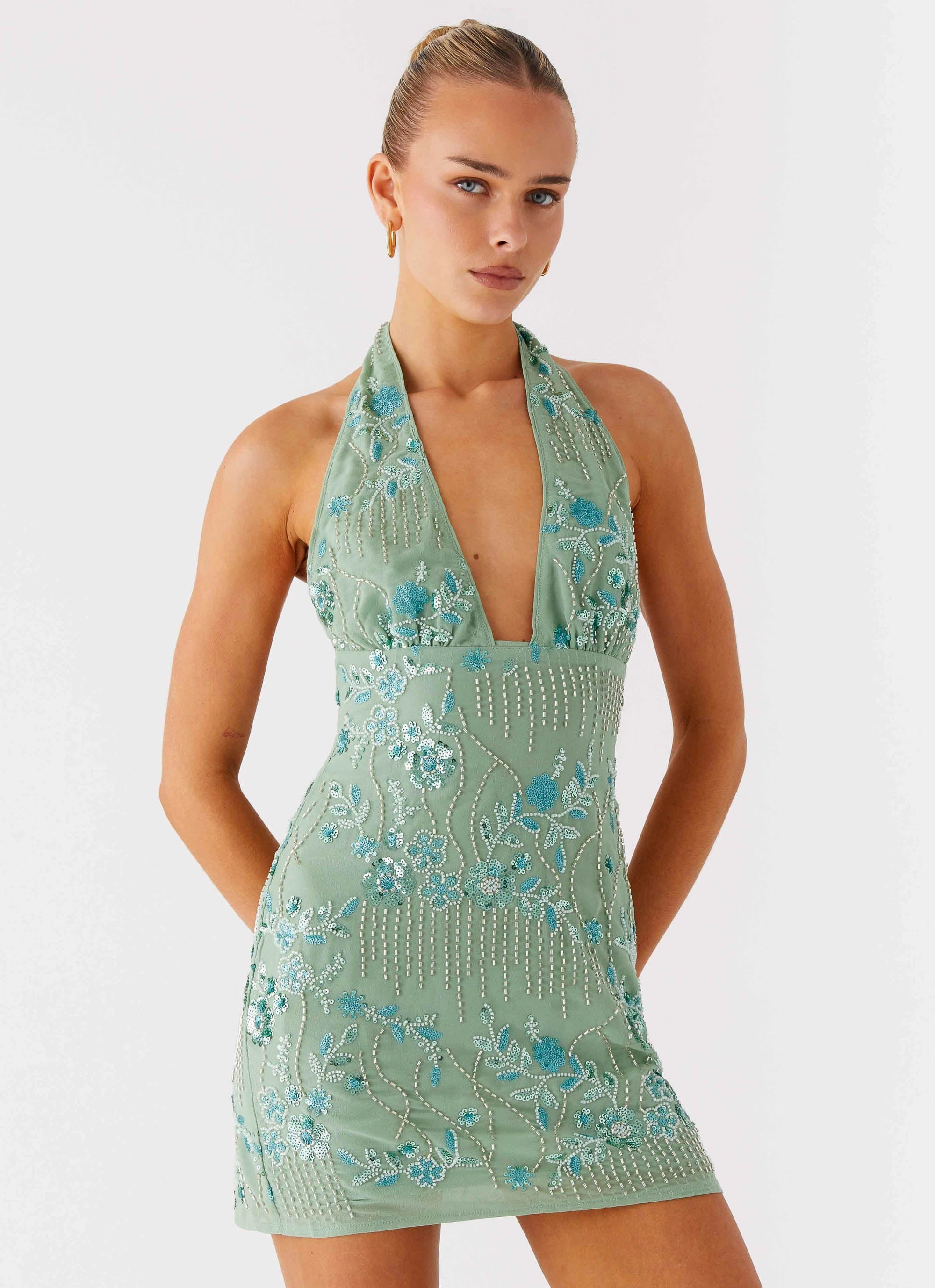 Polished Style Monet Beaded Mini Dress - Mint