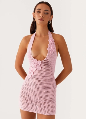 Luciana Crochet Halterneck Mini Dress - Pink Relaxed and Effortless