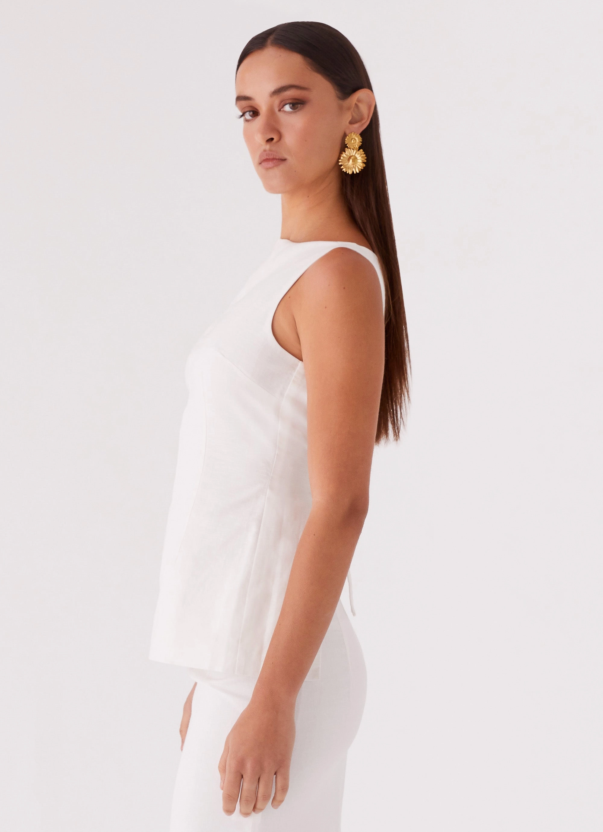 Mooney Linen Top - White Stretch waistband