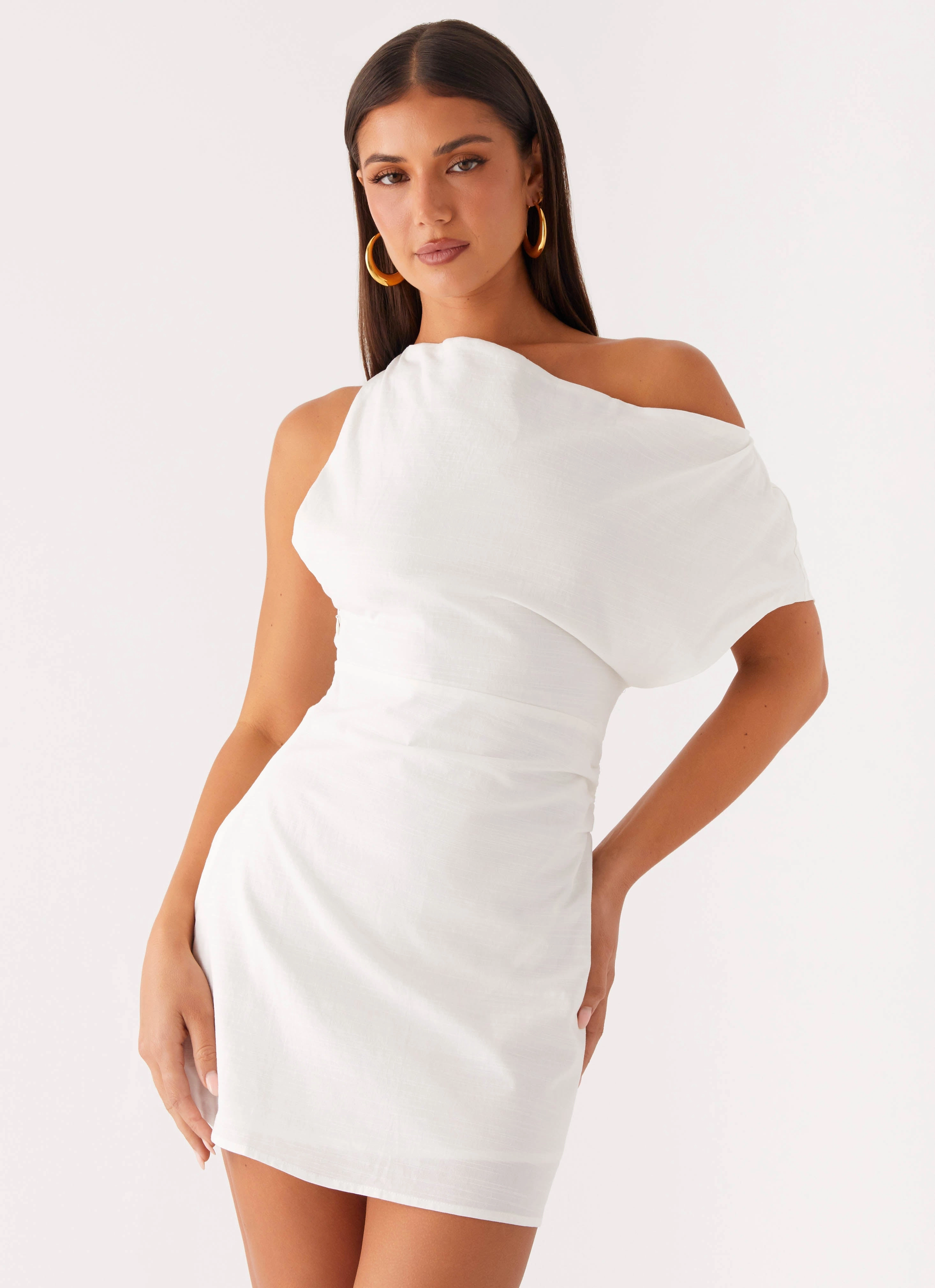 Moonlight Oasis Asymmetrical Mini Dress - Off White Timeless Fit Look Cozy Comfort