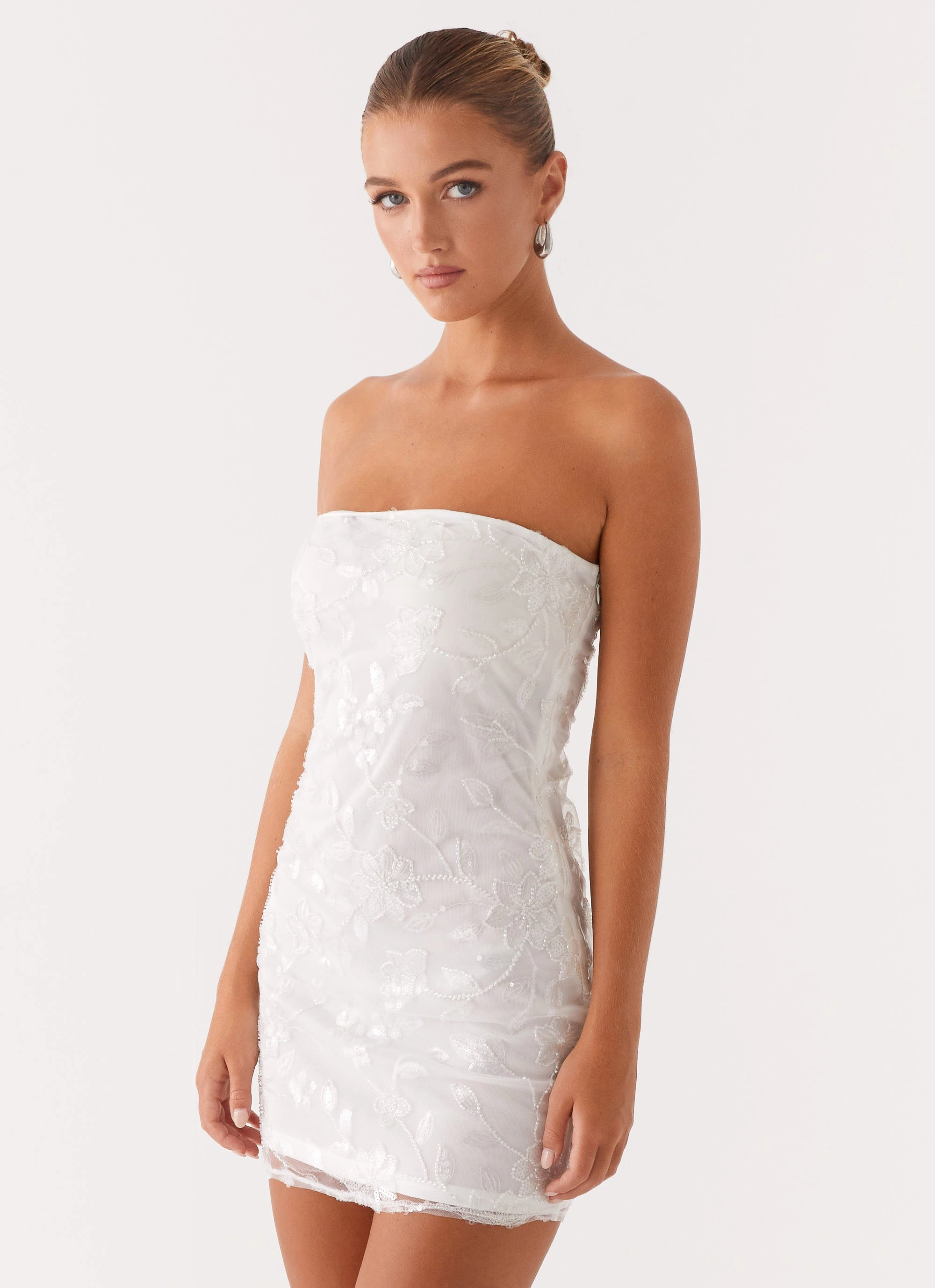 Soft Finish Moorey Beaded Mini Dress - White Silver