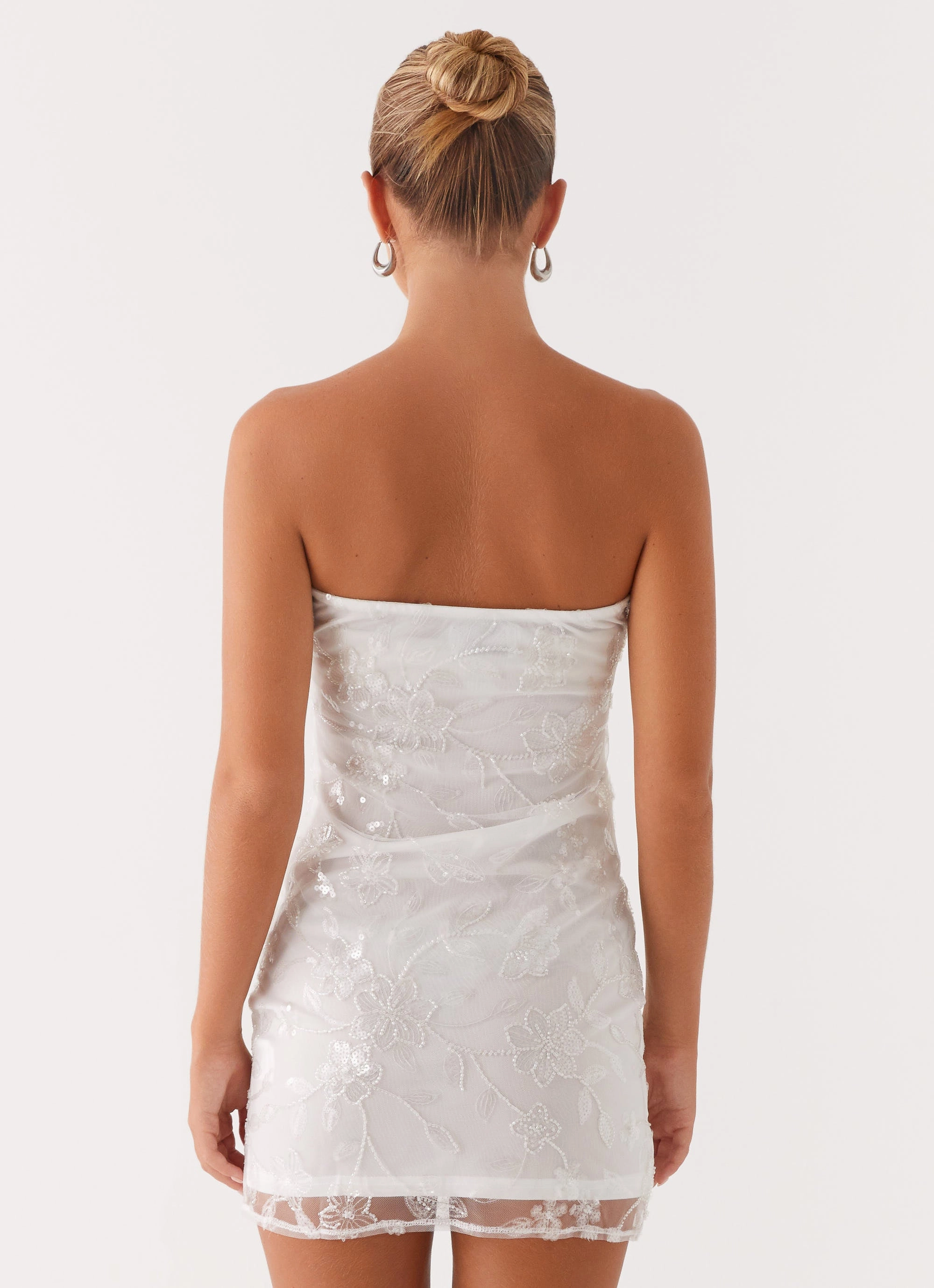 Moorey Beaded Mini Dress - White Silver Soft Weave