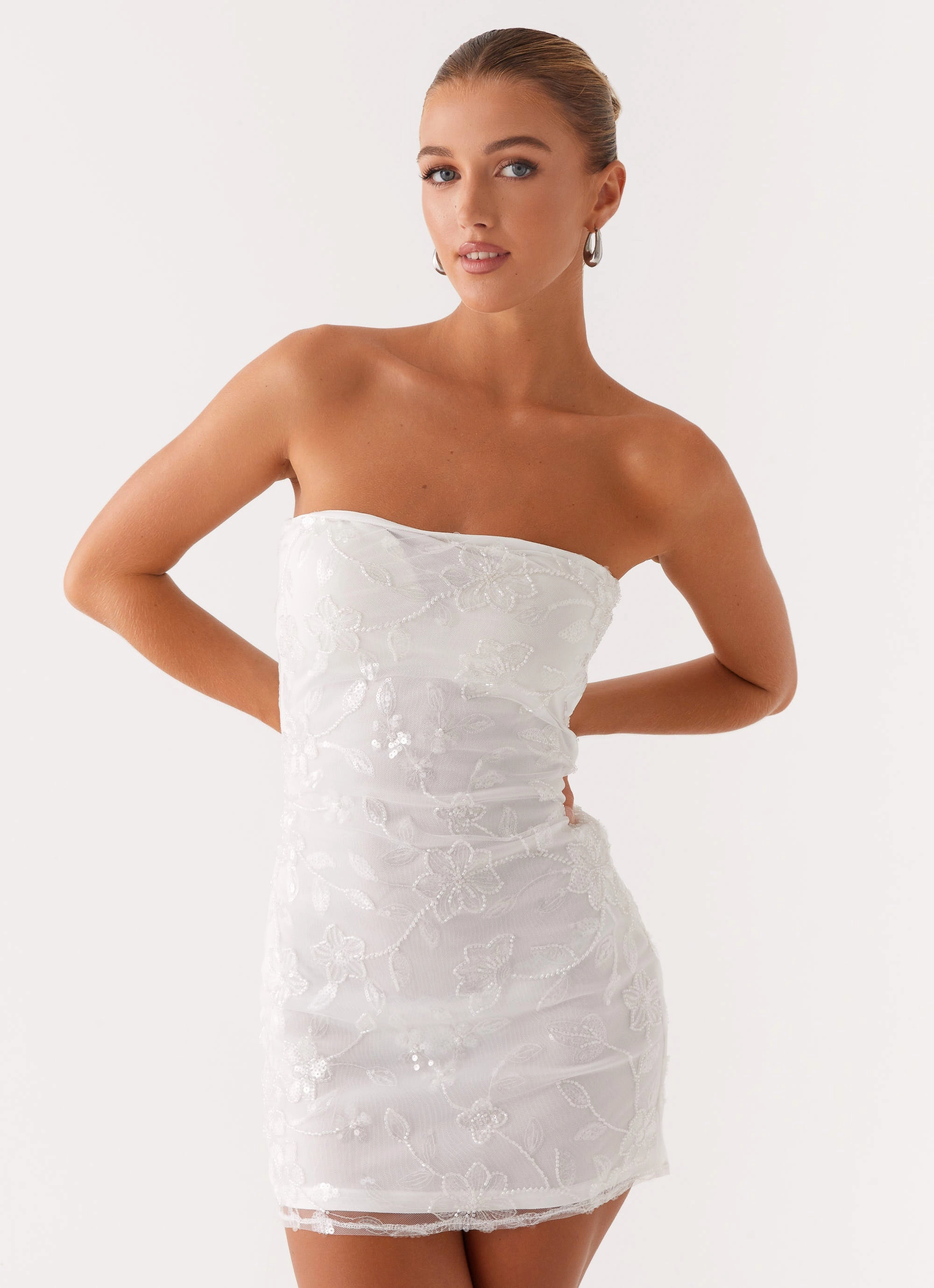 Mood Glow Moorey Beaded Mini Dress - White Silver