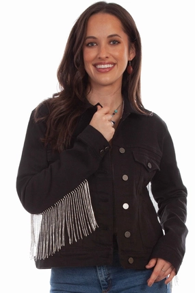All Day Layering Scully Womens Black Cotton Blend Rhinestone Fringe Denim Jacket