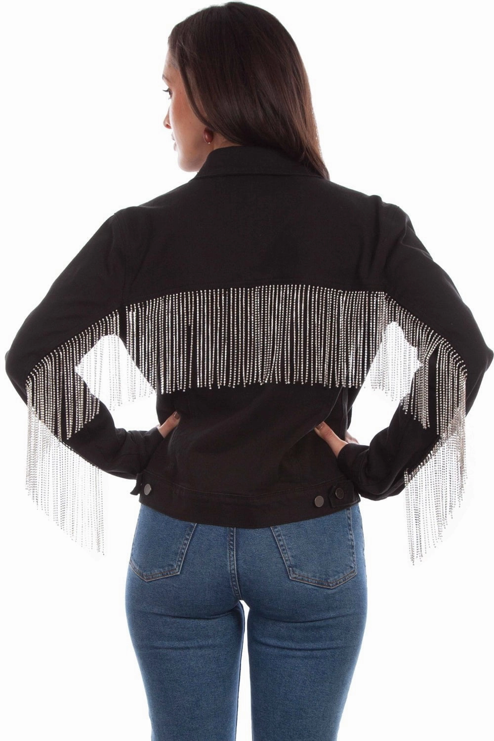 Cotton Twill Non Chafing Neckline Scully Womens Black Cotton Blend Rhinestone Fringe Denim Jacket