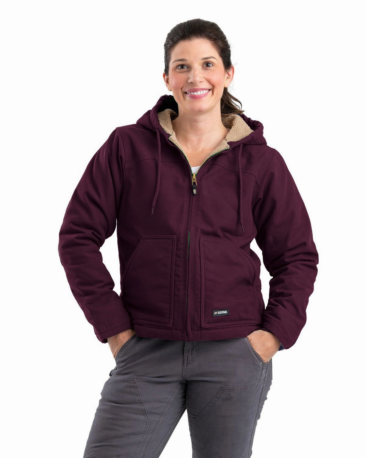 Belted Waist Foldable Shoulder Straps Berne Apparel Womens Sherpa-Lined Duck Hooded Plum 100% Cotton Jacket