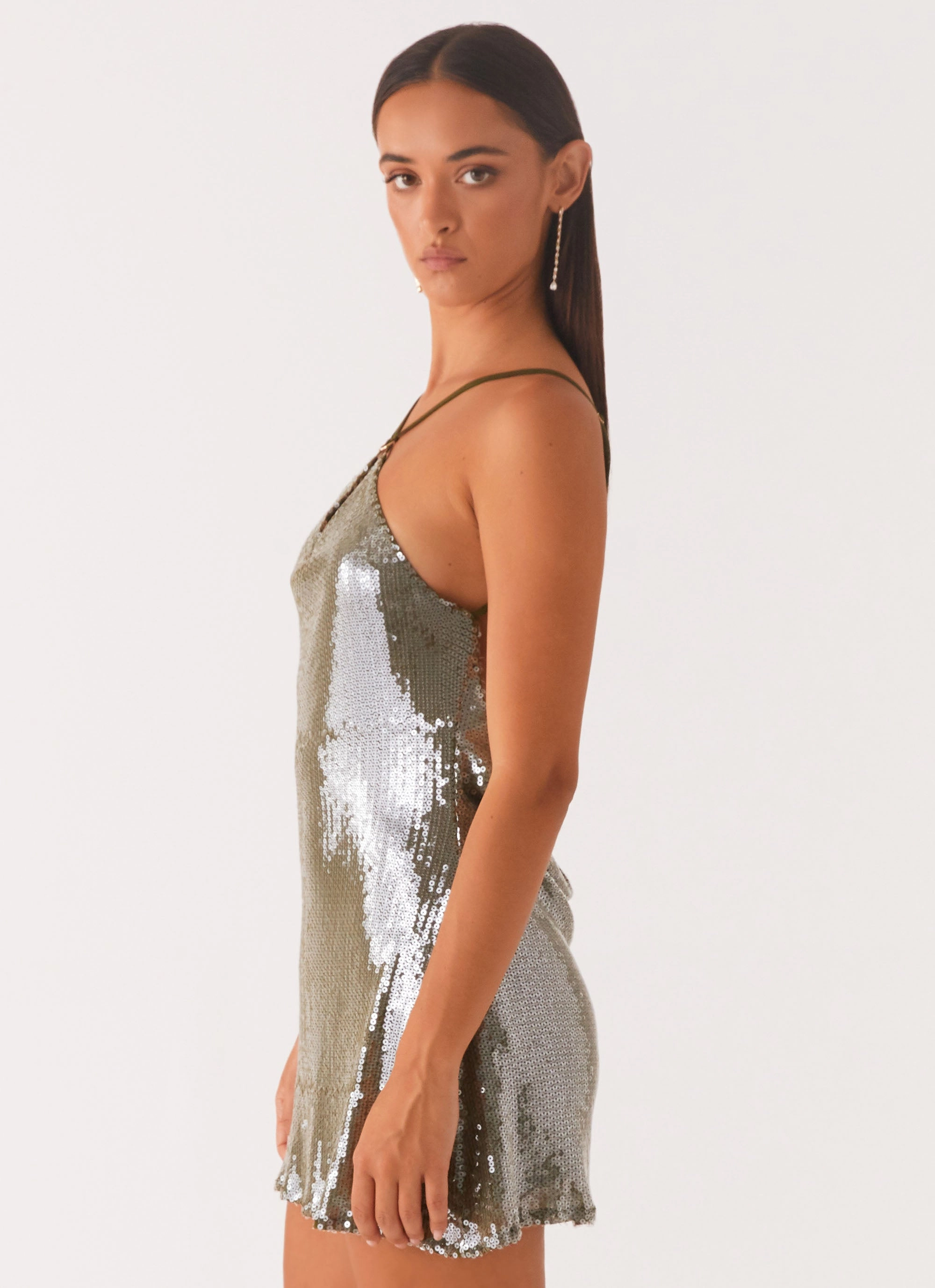 Wide Swing Comfortable texture Radiant Energy Cowl Back Mini Dress - Olive