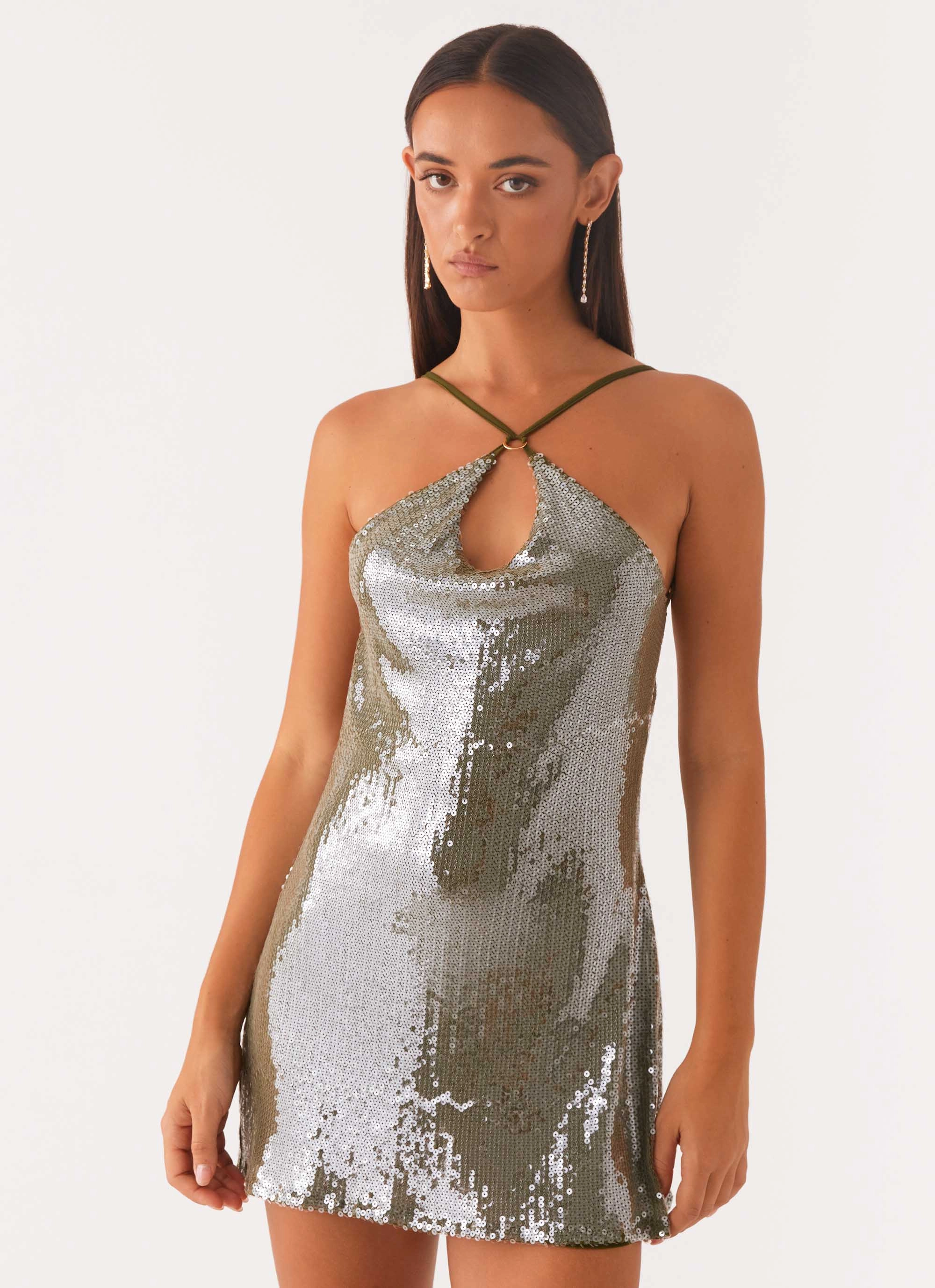 Radiant Energy Cowl Back Mini Dress - Olive Playful touch Subtle Drape