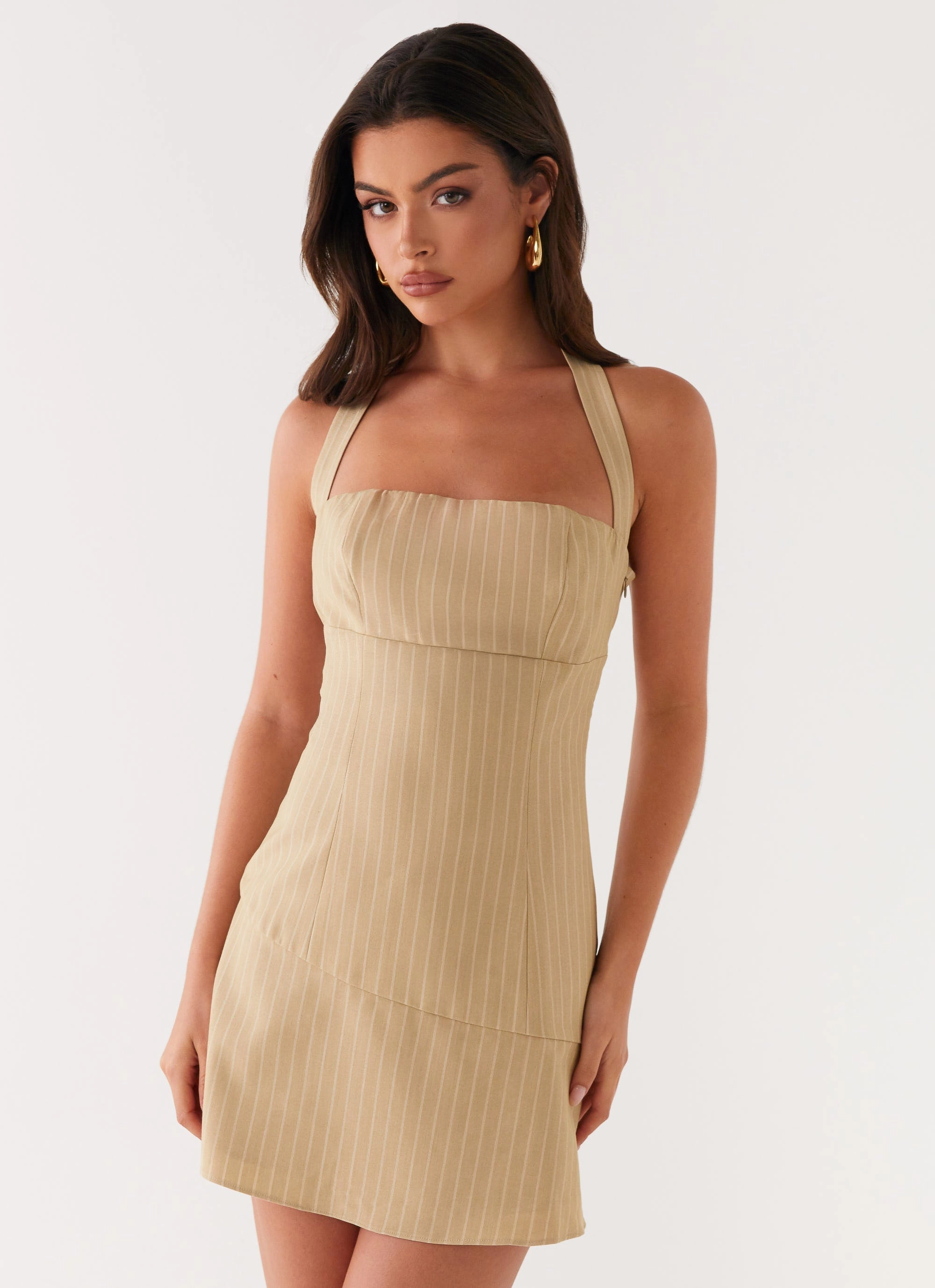 Erica Mini Dress - Beige Stripe Sheer Layer Soft Composition
