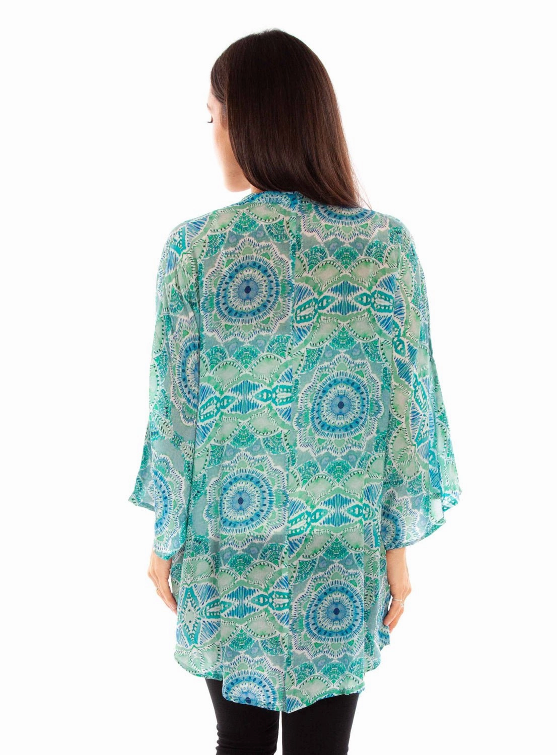 Scully Womens Beautiful Print Aqua Viscose Kimono Seasonal Layering Ultra Soft Merino Blend