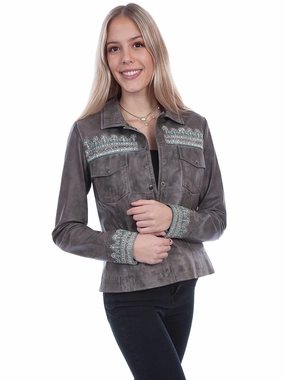 Scully Womens Vintage Beaded Grey Leather Leather Jacket Snap Closure System UV Protective Layer