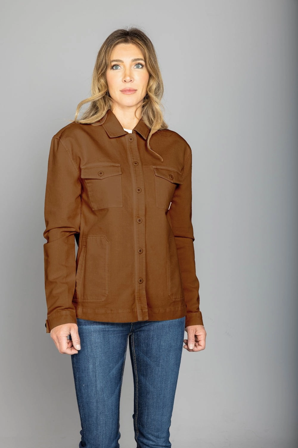 Kimes Ranch Womens Cloverleaf Shirt Work Wear Brown 100% Cotton Jacket Layered Collar Design CompactPacking