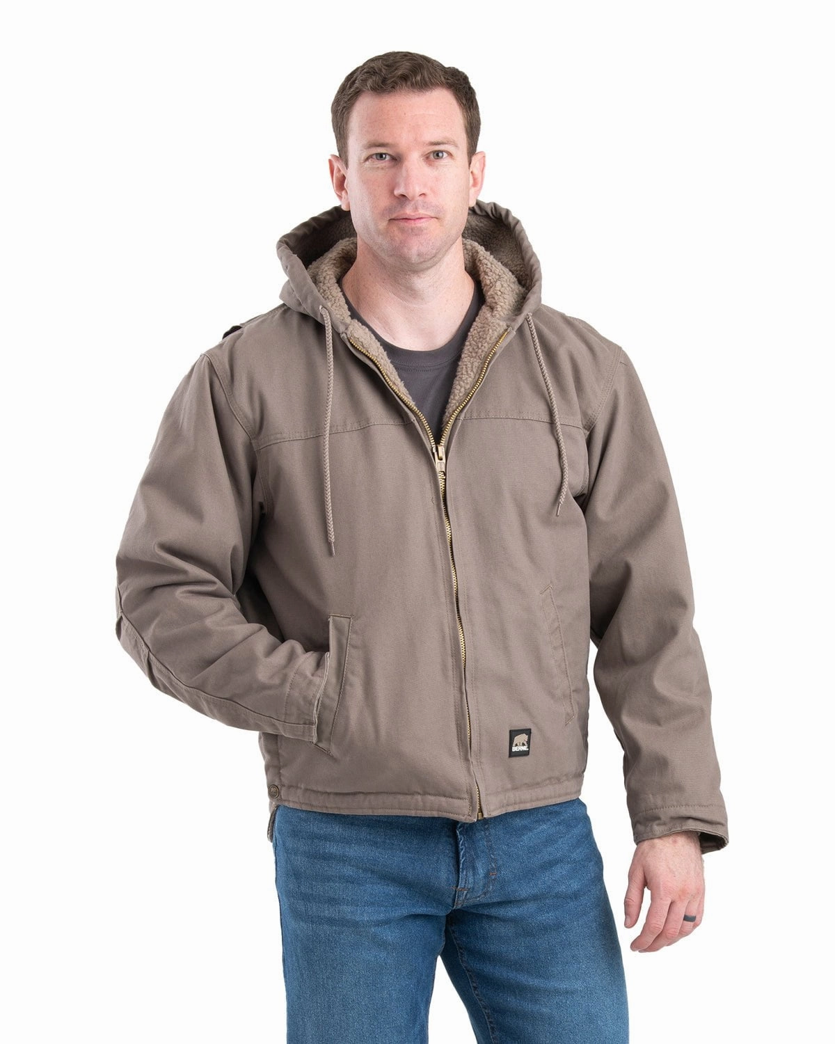 Berne Mens Heartland Washed Duck Hooded Work Grey Stone 100% Cotton Coat Bonded Fabric Adjustable hood design