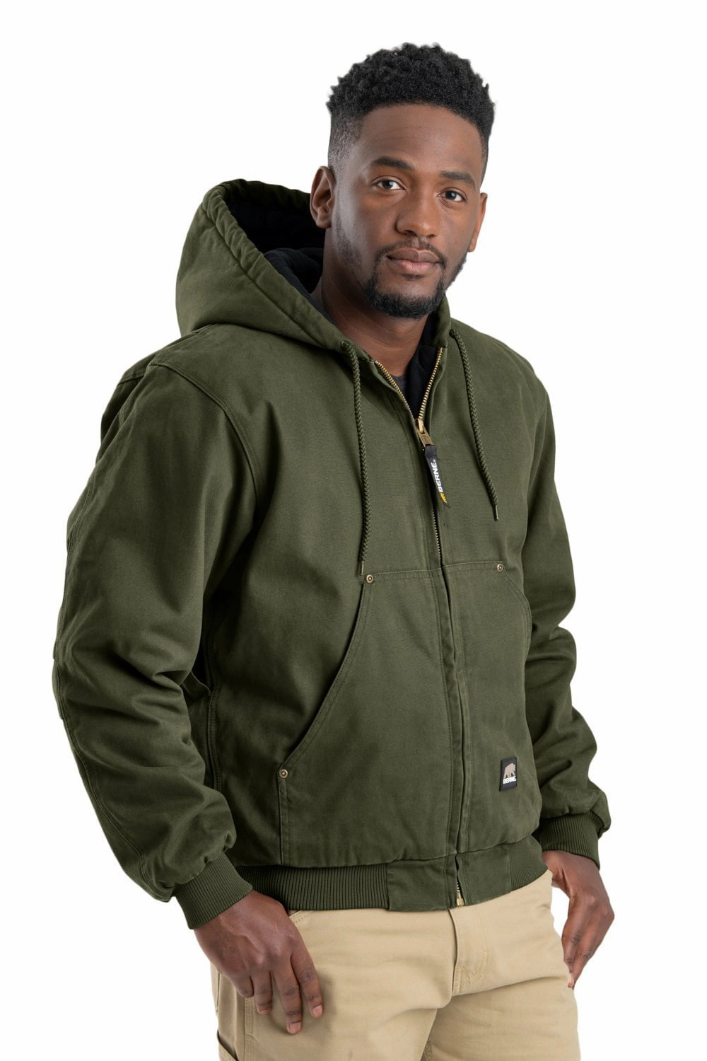 Berne Mens Cedar Green 100% Cotton Heartland Washed Hooded Jacket Reflective Bands
